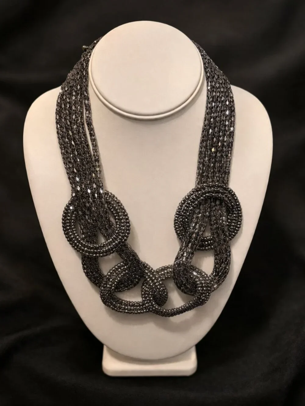 Statement Gunmetal Multi-Strand Beaded Necklace Chunky Link Detail